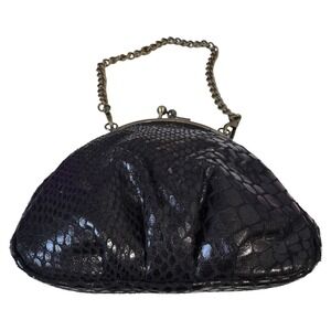 MAGGIB Vintage Black Snakeskin Leather Kiss Lock Chain Handle Purse Bag‎